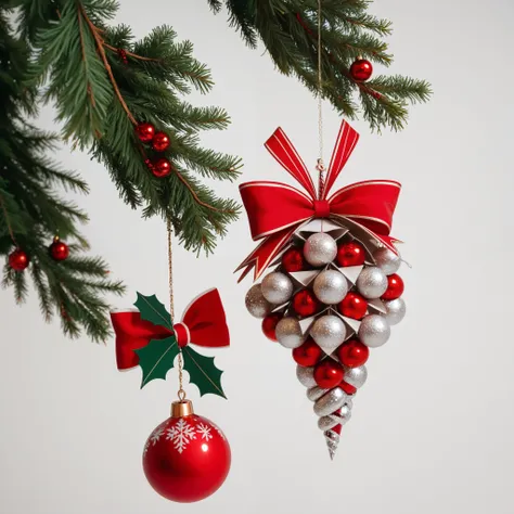 Flat lay of Christmas ornaments, pine cones, and festive decorations arranged on a white background. PNG transparent.
