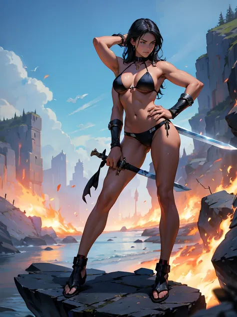 Raven Rachel Roth in a sexy bikini in a heroic pose, standing with one leg resting on a rock, chest tilted back, sword in hand, after a battle, fire in the background