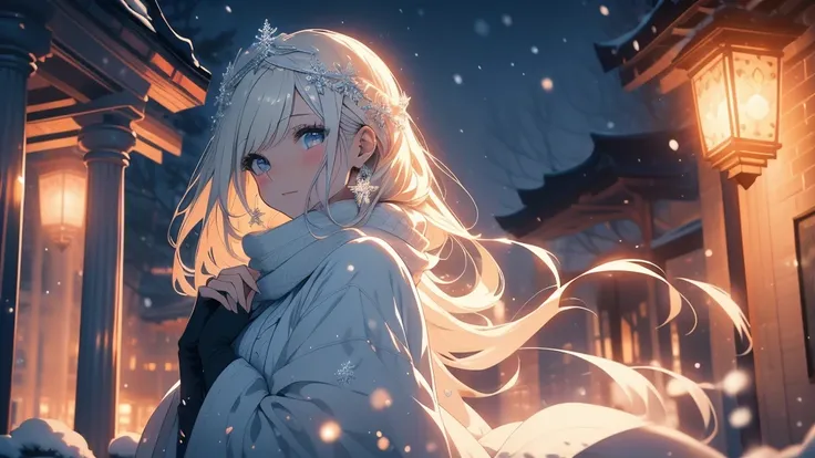 A stunning anime-style illustration featuring a beautiful woman in an elegant winter setting. The background depicts a snowy cityscape illuminated by warm, glowing lights and sparkling stars in the night sky. The woman stands gracefully in the center, wear...