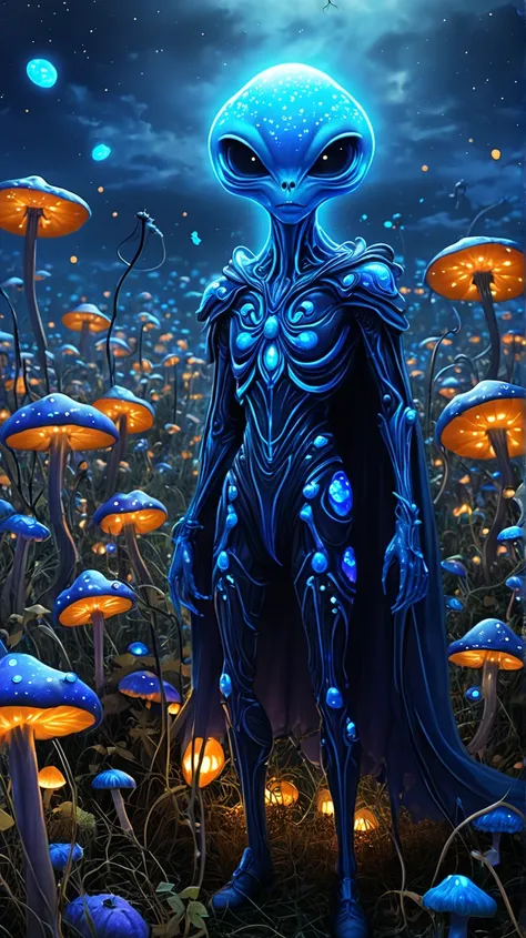 Portray Detailed description of the :
General Theme:  A blue alien in a field of bioluminescent mushrooms ,  scene with a mystical anime-style Halloween atmosphere, Image in 9 format:16.

Main character:

Blue alien: bright light,  of an ethereal blue that...