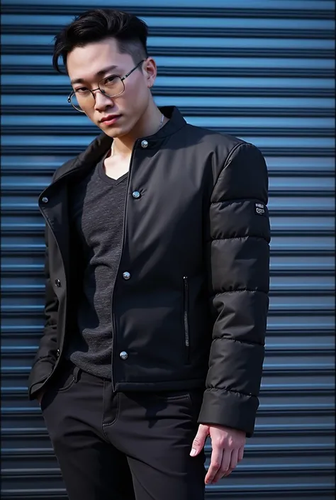 Asian young man standing and posing for a photo. His hair is white and is cut in a side part style. He wears glasses with black frames and light yellow lenses. He wears black pants.

