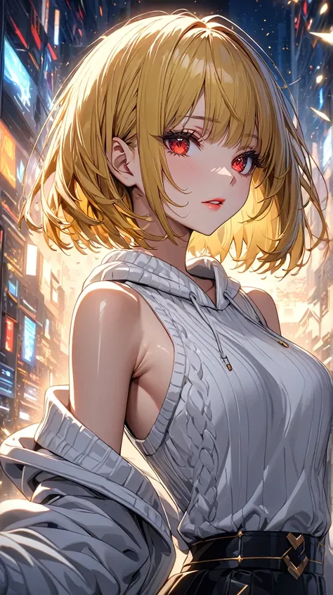   Anime 2d art  .  beautiful woman  , the back view goes away , white sweater without shoulders ,  red eyes ,  straight golden bob  , Мягкая кожа,sensual lips,on the back, Focus on the waist : (  masterpiece fails ),   high quality , highly   detailed face...