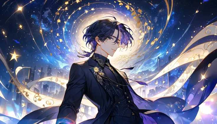 A stunning and impactful anime-style illustration of a confident, cool-looking man. The character stands in the foreground with a dynamic pose, exuding charisma and determination. The background features a vast, starry night sky filled with constellations ...