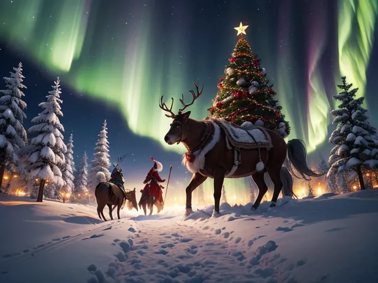 A snowy nighttime fantasy scene featuring three unique warriors standing atop a hill. Above them, the aurora borealis lights up the starry sky in vibrant greens and purples. In the distance, a cozy, snow-covered village is visible with a large, glowing Chr...