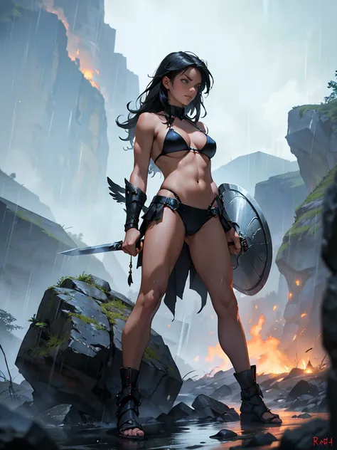 Raven Rachel Roth in a sexy bikini in a heroic pose, standing with one leg resting on a rock, chest leaning back, sword in hand and shield in the other hand, after a battle, fire in the background, it is raining