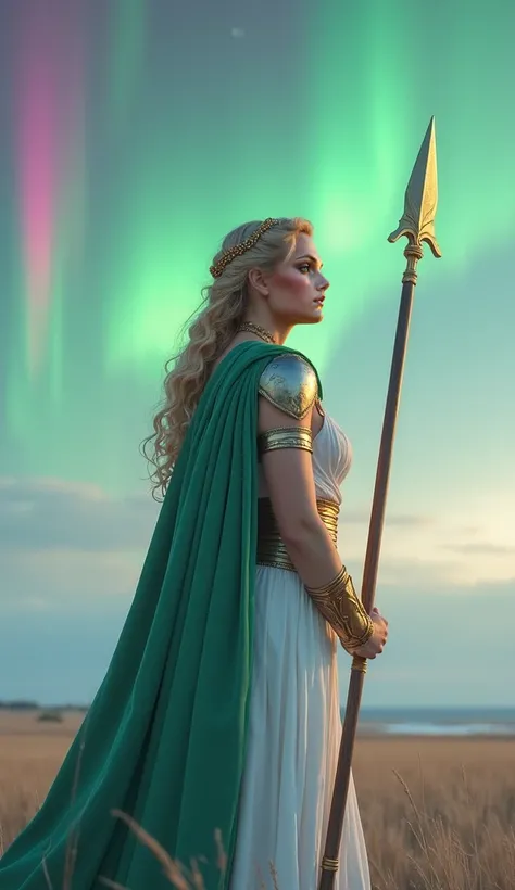  Athena is standing in a vast and silent field ,  with the Northern Lights skyrocketing in vibrant shades of green ,  pink and purple .  Her white dress with golden details has a fine texture ,  flowing softly with the icy wind .  Her armor is fitted to th...