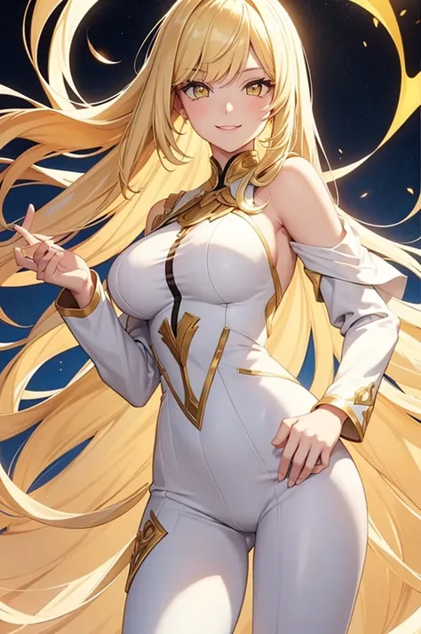  beautiful woman ,  Long Blonde ,  Yellow Eyes ,Bust size E , smile, White skin, The bangs swipe to the left , White suit , raise the left hand to grab the hair on the shoulder., , the background in the kingdom of the gods 