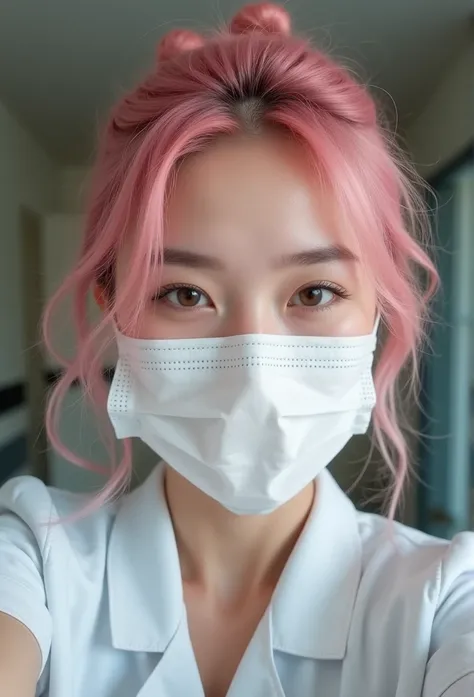 Photo of a 20 year old pinkhair woman, that has a very natural face, thin lips, thin eyes, thin eyebrows, thin nose. She takes a cute selfie with right hand, Dressed in a nurse workwear with a mask