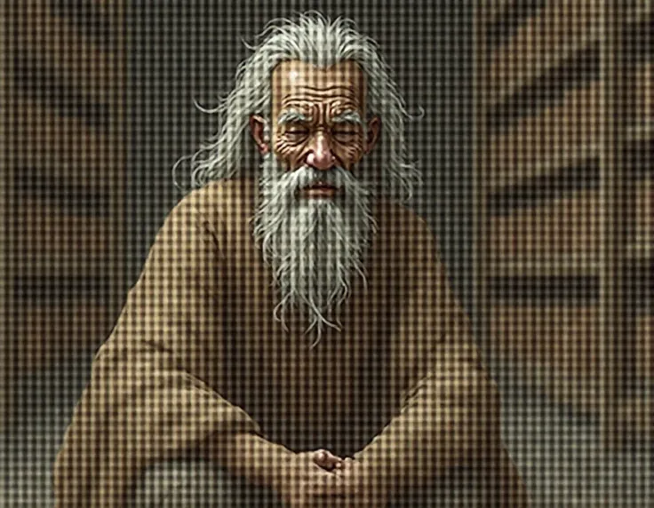 An elderly mentor with a white beard and kind face in simple clothes looks directly into the camera, full-length sitting right in the frame against the backdrop of an ancient library.