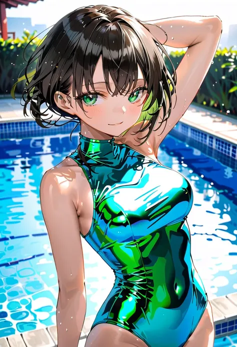 ((A Japanese girl)), ((from Oblique side to side :1.5)),  beautiful dark emerald eyes :1.5, forehead:1.5、(large chest,  tight breasts:1.2, High chest:1.5), break (( super tight high neck sleeveless shiny metallic clear white super high leg swimsuit:1.5)), ...