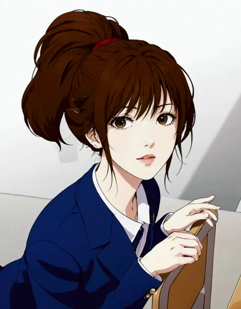 anime image of a woman in a blue suit sitting at a table, sayori, female anime character, shinkai makoto, anime girl named lucy, anime portrait of shiina ringo, as an anime character, misato katsuragi, anime visual of a young woman, nishimiya shouko, shuus...