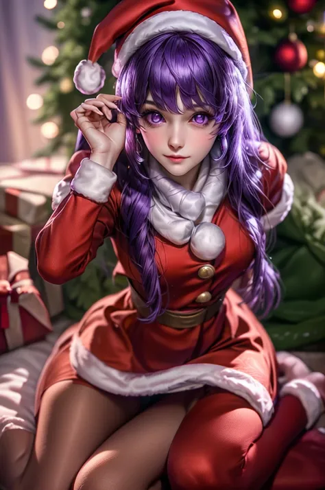 (santa hat), 1woman, realistic, detailed, sitting, purple eyes, Christmas tree, Christmas gift, beautiful face, waist, perfect hands, Long purple hair, beautiful face, perfect