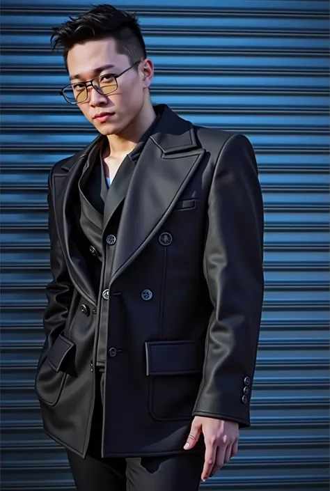 Asian young man standing and posing for a photo. His hair is white and is cut in a side part style. He wears glasses with black frames and light yellow lenses. He wears black pants.

