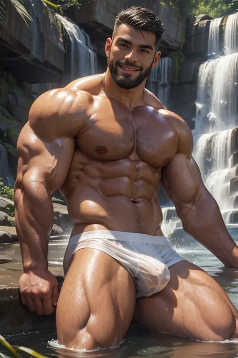 man， Latino ， Bronzed complexion ，  super exaggerated strong muscles in the waterfall     ，   slim white translucent briefs，Short hair，beard ，     lying on the side of the bed    ，  excited expressions    ，Nature，瀑布中