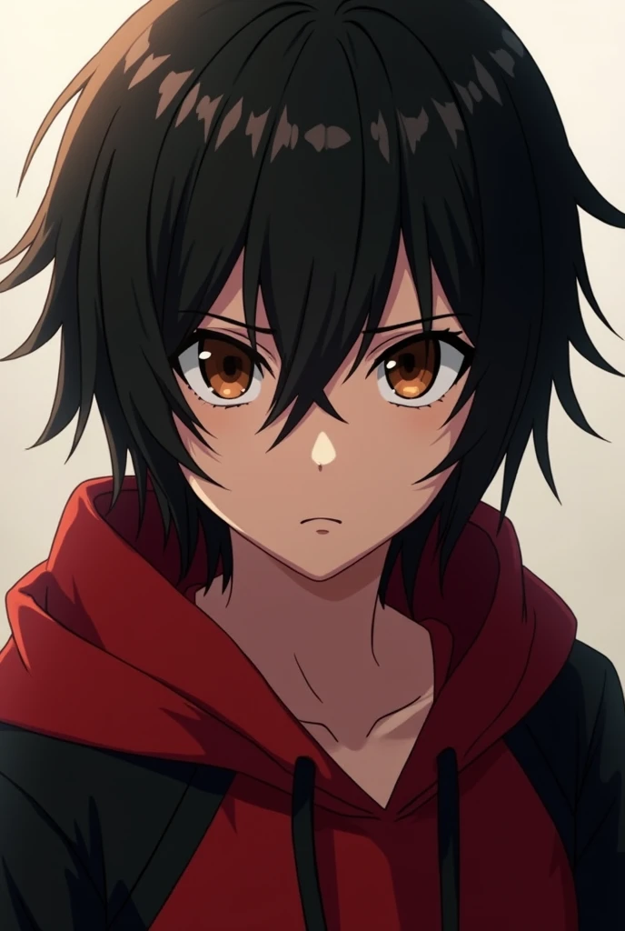 Brown-eyed anime character black hair serious red and black hoodie