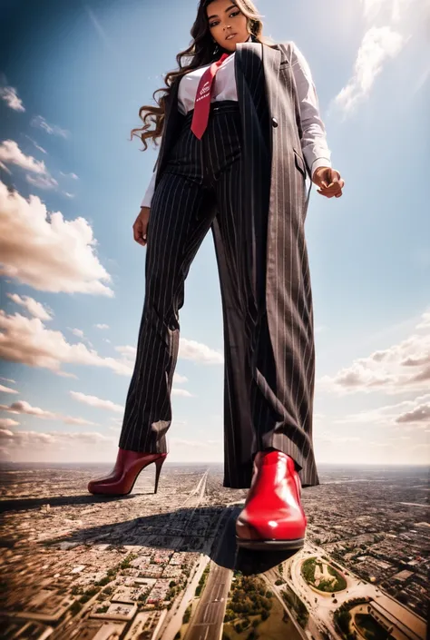 Giantess art, 100 miles tall giga giantess, sophisticated and stylish woman in a light black italian pinstriped trouser suit, form fitting crisp white office shirt, and a large wide red necktie in a windsor knot, with a beautiful, curvaceous figure, large ...