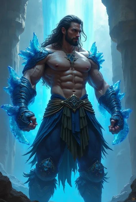 Huge muscular handsome bodybuilder young man with an oversized pec show with long hair and gotie and rich chest hair bara hyper buldge made out of blue slime in fantasy clothing