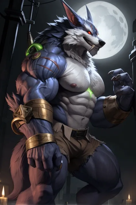 Alone, 1 lobo, Lobisomem eyes,  big wolf tail , eyes, 5 fingers,  nails black claws, golden bracelets ,  FULL BODY SHOWING , (warwick lol), bodybuilder,  detailed muscles ,  defined muscles , Thick muscles,  defined abdomen ,  large upper muscles, very lar...