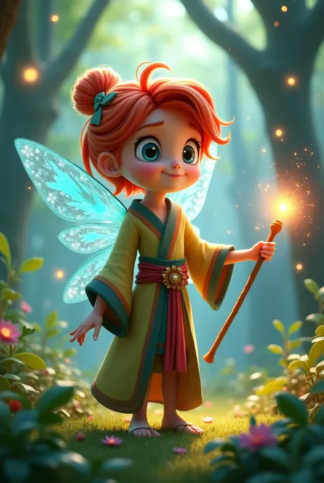 A red-haired  holding a magic wand with fairy wings in an enchanted forest in 3D animation