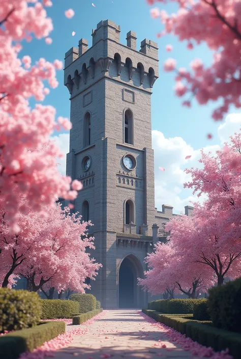 Make a medieval tower on a cherry blossom background 