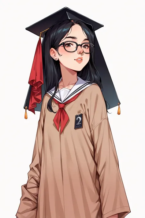 score_9, score_8_up, score_7_up, score_6_up, score_5_up, score_4_up, black haired woman with black glasses, straight hair, nose, eyebrows, graduation gown, graduate, graduation cap, graduation diploma, graduation day, graduation attire, natural curves, sol...