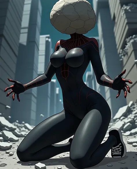 girl, anime, Dressed as a black Spiderwoman, Black suit,  a big rock replaces her head  , kneeling, Arms outstretched,  The big rock completely replaces your head ,  your head is not visible because the graden rock completely replaces it, white toe black s...