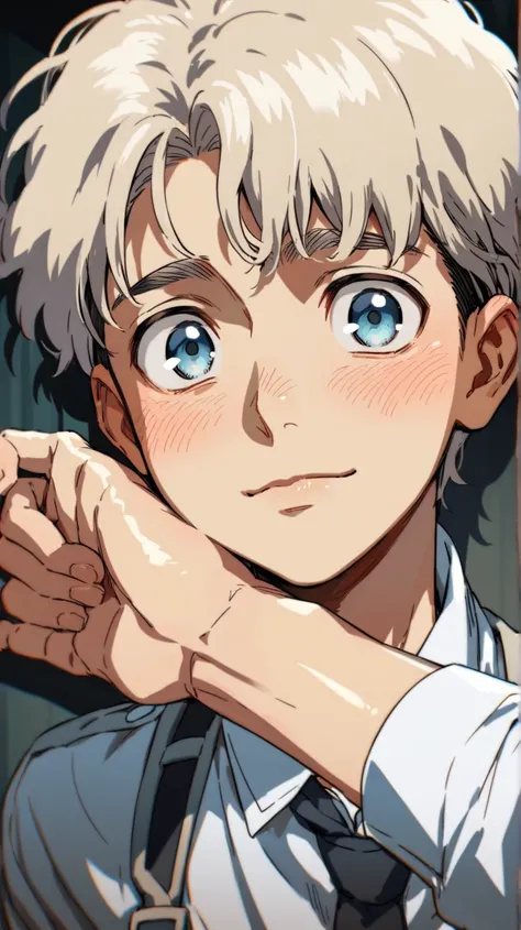 Anime, young man, pale blonde hair, 8K, soft blue eyes, big shiny eyes, attack on titan, bangs, wavy hair, blush, gentle smile, slender body, tall