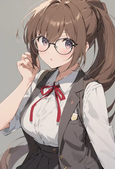 cute、Appearance（long hair、Brown Hair、Ponytail,Round Glasses）clothing（ high school uniform , blazer、 skirt）