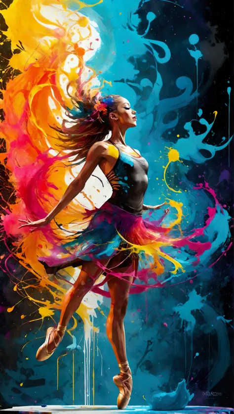 A vibrant, abstract ink splatter painting of a dancer in mid-air, surrounded by a swirl of musical notes. 8K, hyper detailed. graffiti art, splash art, street art, spray paint, oil gouache melting, acrylic, high contrast, colorful polychromatic, ultra deta...