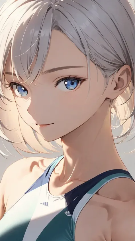 short, light gray hair, beautiful detailed face, competition swimsuit, (slender and elegant body:0.2), natural posing, relaxed expression, serene and gentle smile,  sharp line art, flat shading, cinematic lighting, simple solid background, (perfect anatomy...