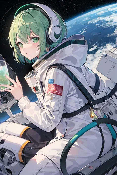  short hair, green ,  alien looking , wearing a hi-tech astronaut suit, gray, Green eyes, Cup face , drifting in space 