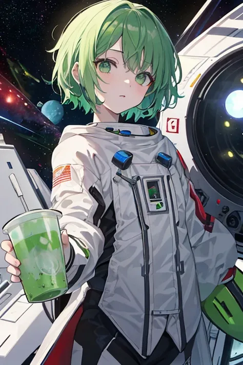  short hair, green ,  alien looking , wearing a hi-tech astronaut suit, gray, Green eyes, Cup face , drifting in space 