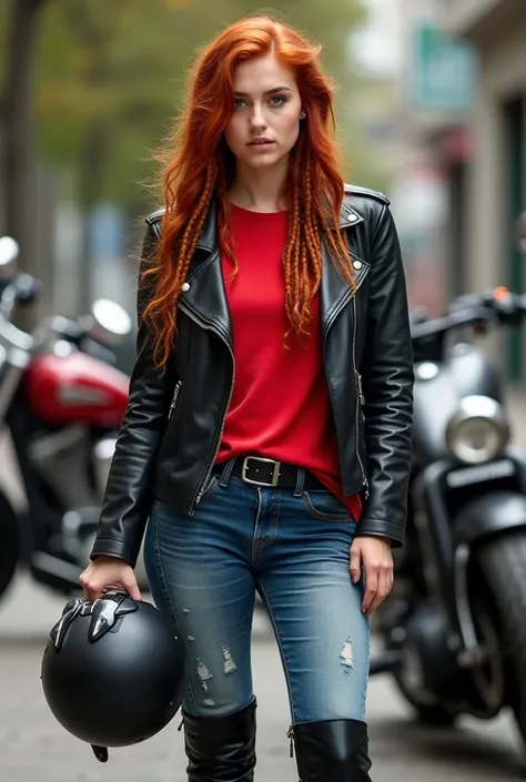 pretty young woman, long red hair (dreadlocks at the back of her head and wavy strands around her face), she is wearing a red shirt and a black biker jacket over it, she is looking confidently into the camera (she is holding a black motorbike helmet in her...