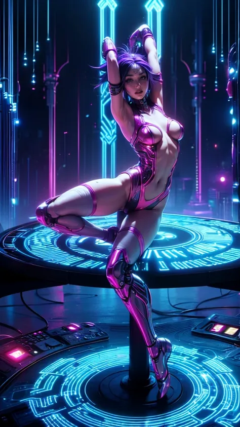 Top quality,  future world ,   State-of-the art robot , beautiful woman, dancer,  hot environment ,  flying hair ,  transformation into a cyborg down to the face, Sexy Pictures,  full body photo , (((dancer,  Dancing on the round table , Flashing light ,  ...