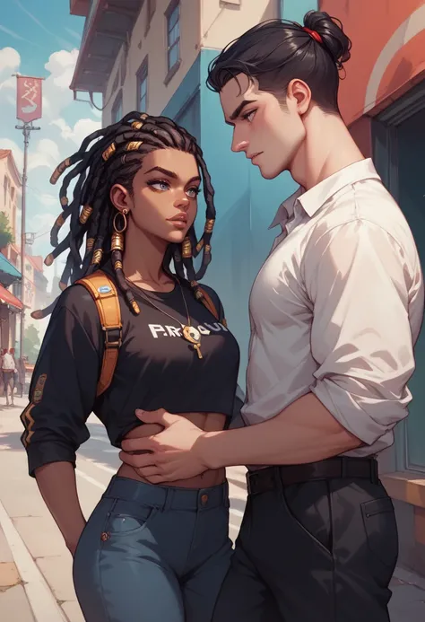 Anime black guy with dreadlocks standing next to a white guy