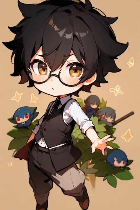  Masterpiece,  anime style, Chibi,  illustrated logo , medium-short shot,  emote for Twich of a boy wearing glasses,  black-haired , with brown eyes ,  with an elegant black vest