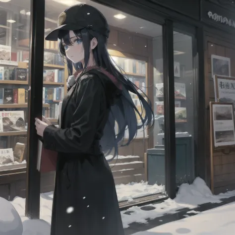 masterpiece, best quality, boa1, 1girl, solo, blue eyes, black hair, long hair, standing wearing long black coat with a pompom cap in light snow fall in front of a Bookstore in night also pine tree are there