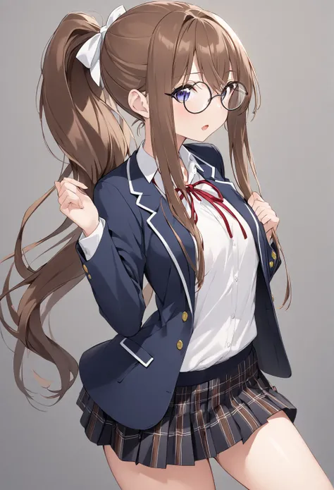 cute、Appearance（long hair、Brown Hair、Ponytail,Round Glasses）clothing（ high school uniform , blazer、 skirt） small tits