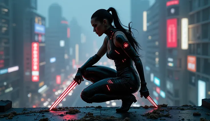 "A deadly female assassin with glowing cybernetic implants crouches on a rooftop overlooking a bustling futuristic city. Her sleek, black tactical suit emphasizes her athletic chest and muscular thighs. She grips dual plasma blades, ready to strike, with n...