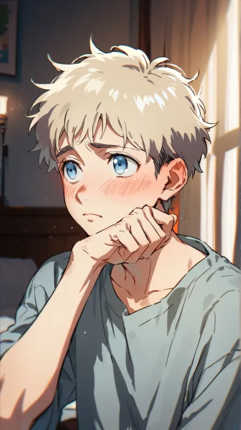 Anime, young man, pale blonde hair, 8K, soft blue eyes, shiny eyes, wavy hair, blush, gentle smile, slender body, tall, candlight, bedroom, looking away, shy, pouting, attack on titan