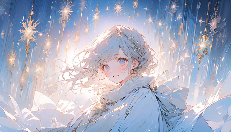    Stunning anime-style illustrations depicting beautiful women in an elegant winter background.  背景にteeth、  it depicts how warmly illuminated , Snowy cityscape   ,    The light shining in the night sky and the shining stars   .  女性teeth中央に優雅に立ち ,   The th...