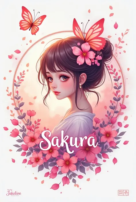 Create a logo with bright colors, with the theme of the character Sakura, written by Jakeline , with butterfly , written by Jakeline  