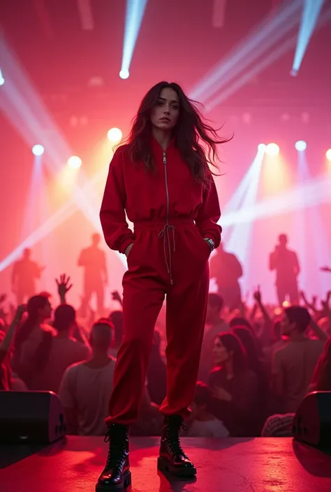 Brunette Katie Price rapper on the stage at hip hop summer festival, red tracksuit and Black boots, dj and crew also visible