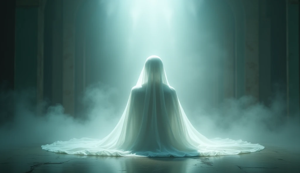 The ethereal ghost is sitting, light is coming from above, show the back side.