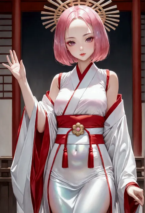 Japanese painting, cute woman, pink shining glossy silky bob cut, forehead, vivid and seductive expression, pink long thick eyelashes, superlative great body proportion, one hand raised high, wearing loose red and white sleeveless Japanese shrine maiden co...