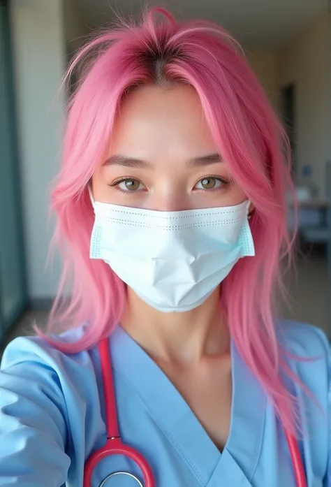 Photo of a 20 year old pinkhair woman, that has a very natural face, thin lips, thin eyes, thin eyebrows, thin nose. She takes a cute selfie with right hand, Dressed in a nurse workwear with a mask, full body