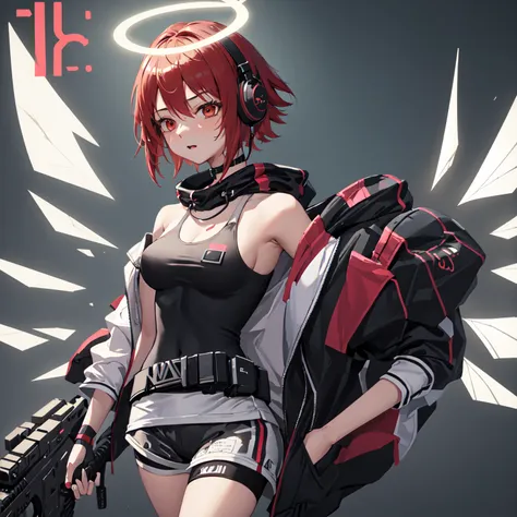 1girl, exusiai_(arknights), halo, breasts, solo, navel, red_hair, shorts, cleavage, weapon, short_hair, gun, headphones, submachine_gun, blush, ?, black_shorts, sports_bra, jacket, open_clothes, cropped_legs, red_eyes, choker, short_shorts, stomach, bare_s...