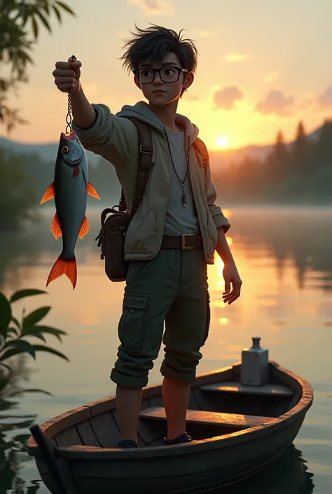 A young brunette fisherman,wearing glasses, fishing on a boat in the middle of a lake,at dusk, holding a catch in his left hand.