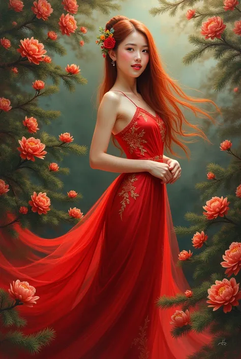 Full body oil painting of a beautiful, charming and kind girl wearing a fancy red Thai dance dress, long red hair, a gentle voice, a beautiful background of pine flowers, 500k high definition flavor