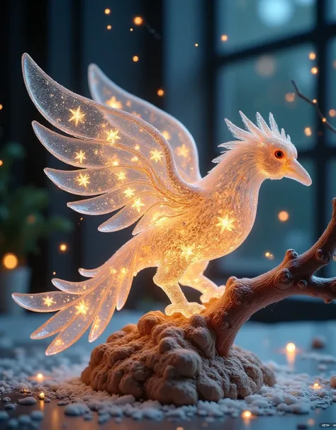  macro footage of this mysterious scene ,  mythical fields , a transparent crystal phoenix descends onto the branch of a exit stone tree.  The nine feather wings of the phoenix shine in a colorful star-shaped pattern ,  seem to hang in mid-air .  on a surr...